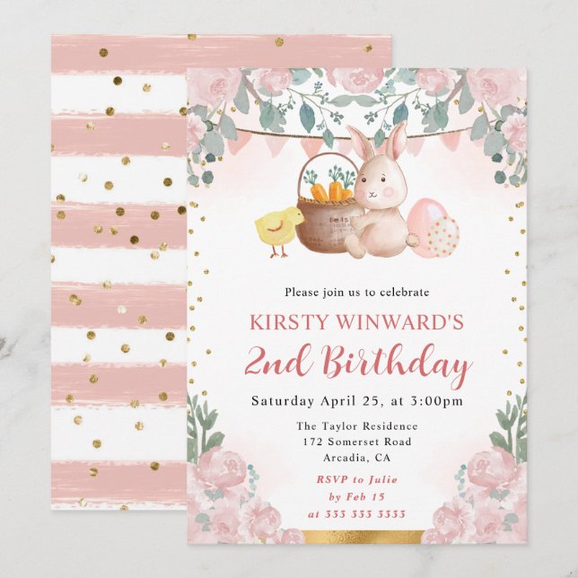 Invitación Conejo de Pascua y flores en acuarela Cumpleaños (Anverso / Reverso)