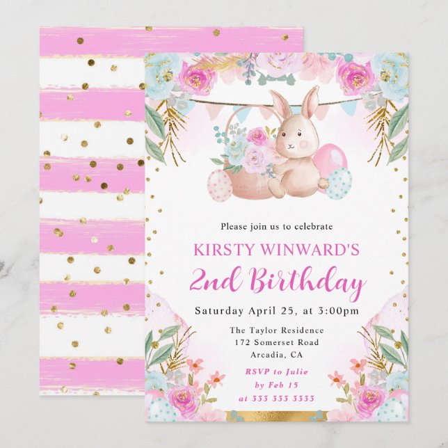 Invitación Conejo de Pascua y flores en acuarela Cumpleaños (Anverso / Reverso)