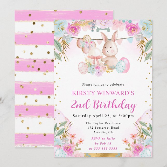 Invitación Conejo de Pascua y flores en acuarela Cumpleaños (Anverso / Reverso)