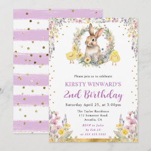 Invitación Conejo de Pascua y flores en acuarela Cumpleaños