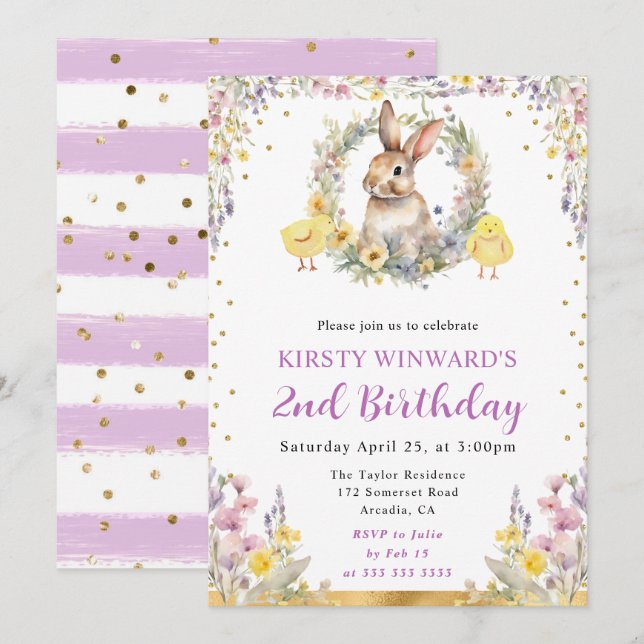 Invitación Conejo de Pascua y flores en acuarela Cumpleaños (Anverso / Reverso)