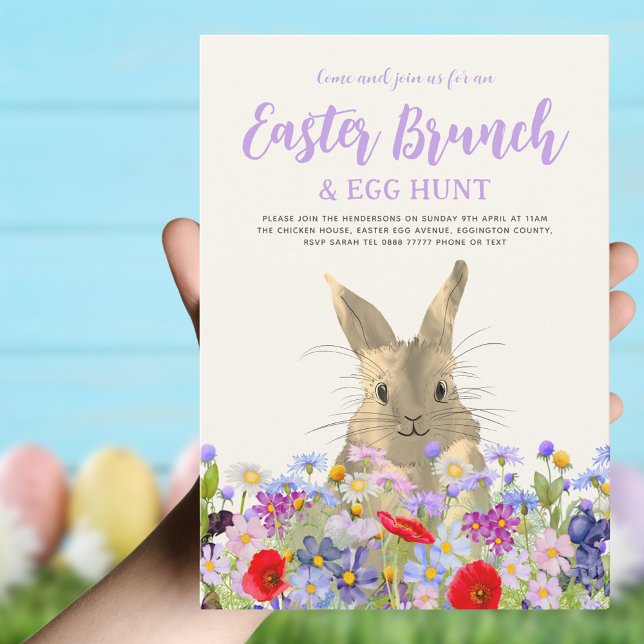 Invitación Conejo de Pascua y Flores Silvestres Caza de Huevo (Easter brunch and egg hunt boho wildflower cute Easter bunny invitation )