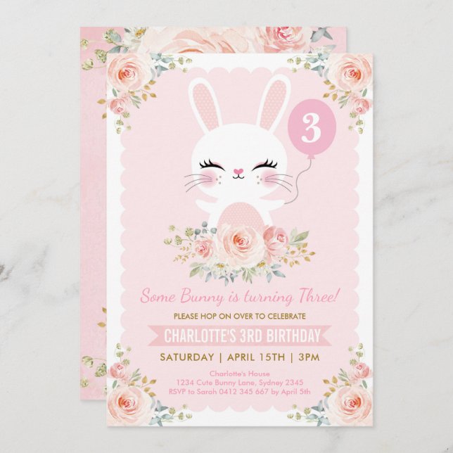 Invitación Conejo de rosa rosado de Rubor de cumpleaños (Anverso / Reverso)