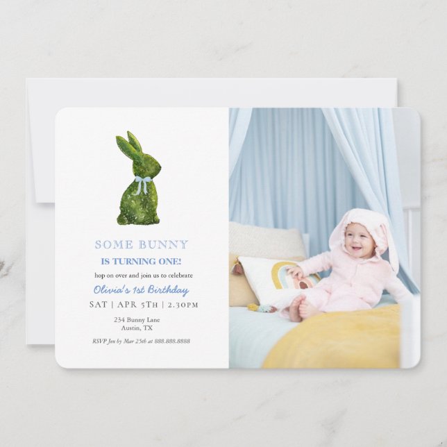 Invitación Conejo de topiaria en acuarela Cumpleaños bebé niñ (Anverso)