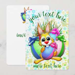 Invitación Conejo divertido mordiendo un huevo de Pascua