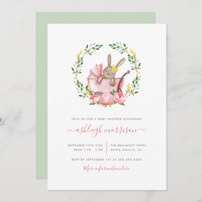 Invitación Conejo durmiente en la ducha bebé buggy (Anverso / Reverso)