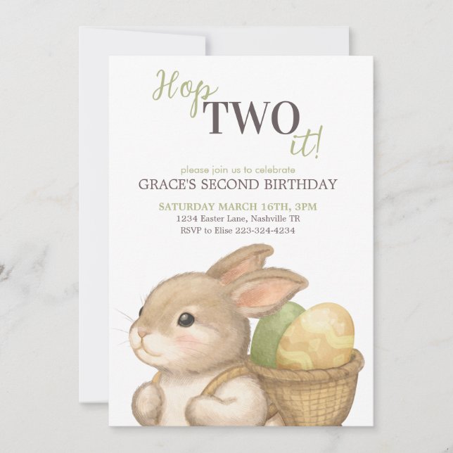 Invitación Conejo editable Hop Two It Pascua cumpleaños 2 (Anverso)