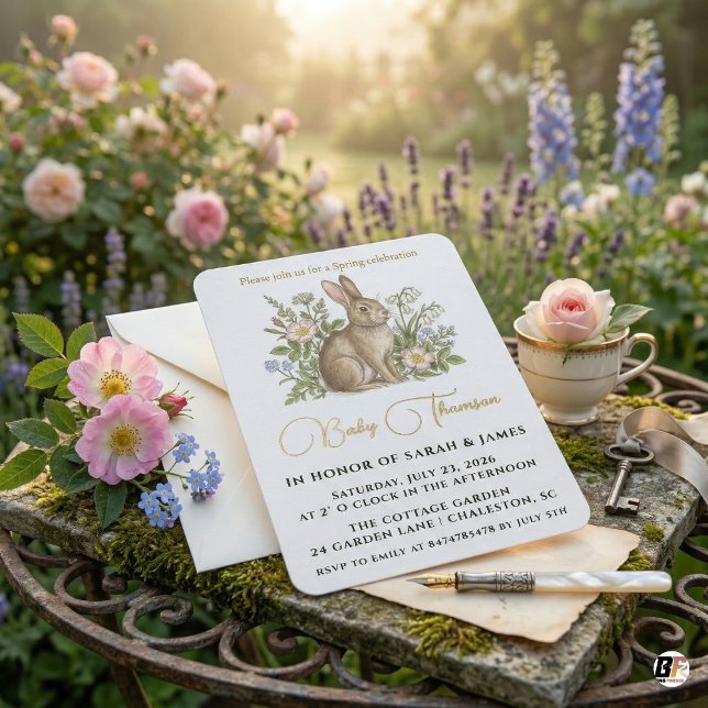 Invitación Conejo elegante de acuarela y jardín de flores sil (Subido por el creador)