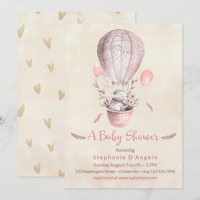 Invitación Conejo en Baby Shower de globo aerostático rosa (Anverso / Reverso)