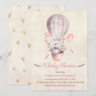 Invitación Conejo en Baby Shower de globo aerostático rosa