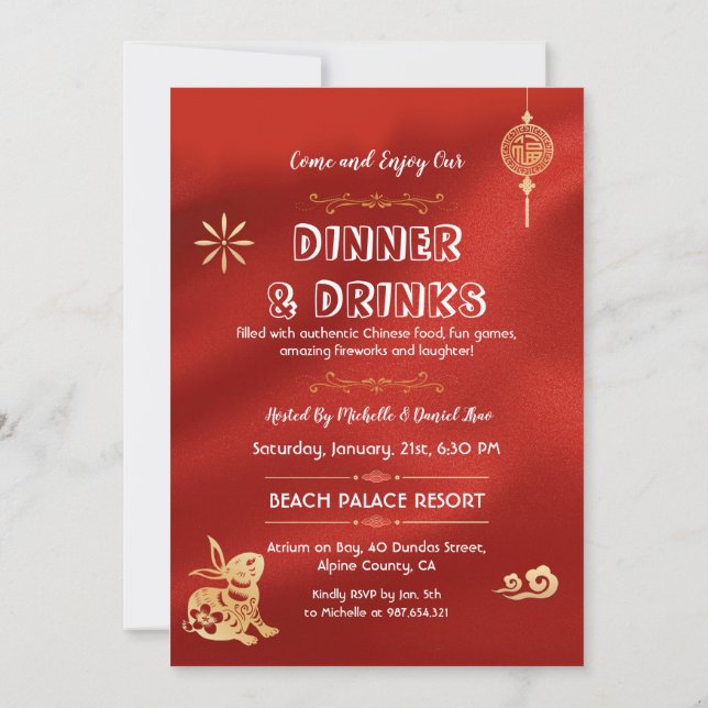 Invitación Conejo Fiesta de la cena de celebración del Año Nu (Reverso)