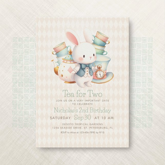 Invitación Conejo Fiesta del Tea Wonderland Segundo cumpleaño (Subido por el creador)