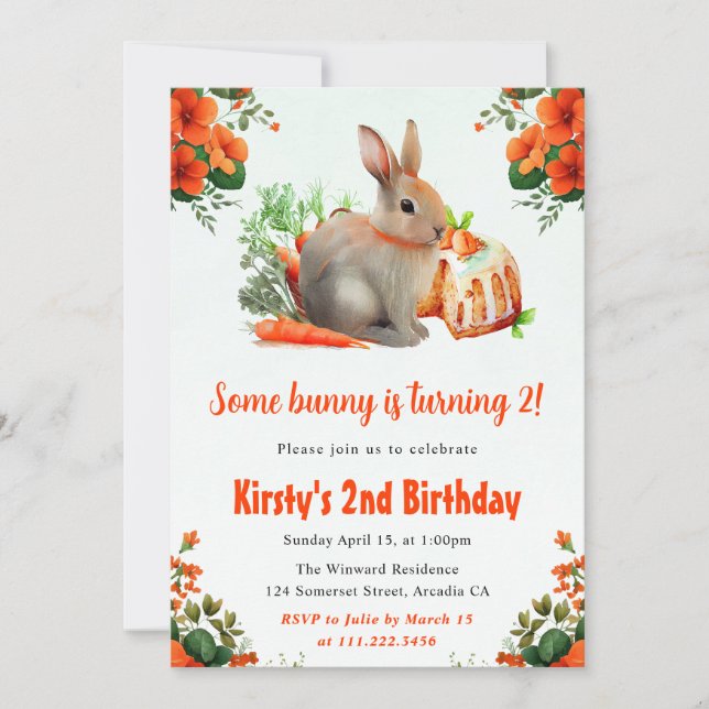 Invitación Conejo floral acuático y garrapatas segundo cumple (Anverso)