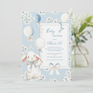 Invitación Conejo Floral Azul con Globos Elegante Bebé