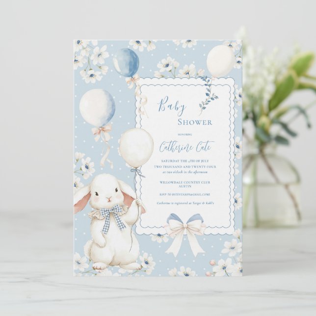 Invitación Conejo Floral Azul con Globos Elegante Bebé (Anverso de pie)