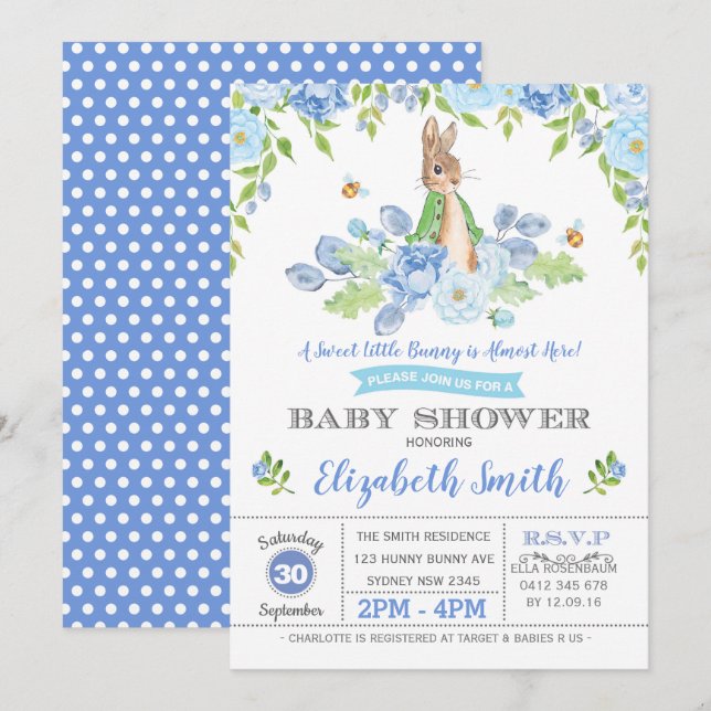 Invitación Conejo Floral Azul Conejo Fabuloso Baby Shower Woo (Anverso / Reverso)