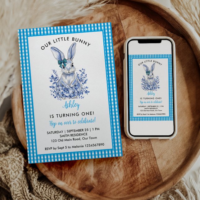 Invitación Conejo Floral Azul primer cumpleaños para niños (Subido por el creador)