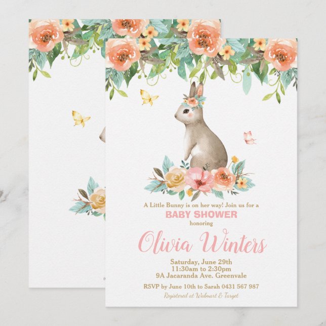 Invitación Conejo Floral Conejo Baby Shower Woodland Baby Gir (Anverso / Reverso)