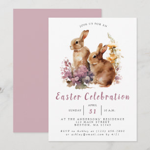 Invitación Conejo floral de acuarela de lila Pascua