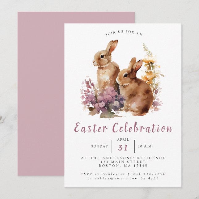 Invitación Conejo floral de acuarela de lila Pascua (Anverso / Reverso)