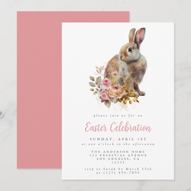 Invitación Conejo Floral Elegante Fiesta de Pascua (Anverso / Reverso)