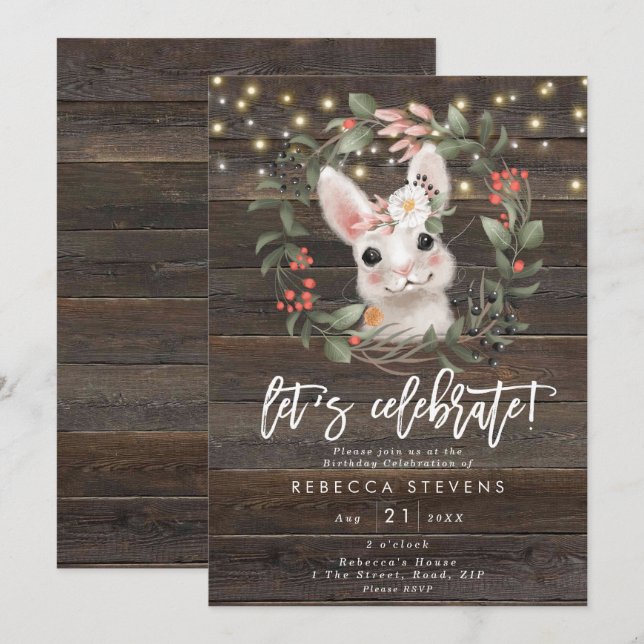 Invitación conejo floral lindo conejo celebremos el cumpleaño (Anverso / Reverso)
