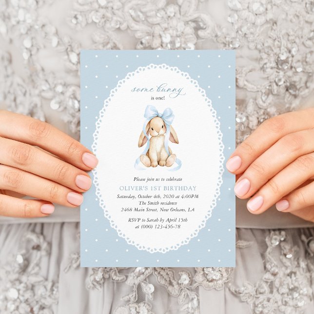Invitación Conejo, Lazo Azul, Lunares Azules, Primer Cumpleañ (Subido por el creador)