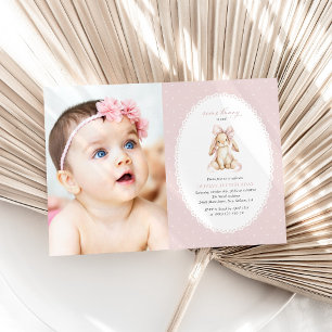 Invitación Conejo, Lazo Rosa, Lunares Rosas, Primer Cumpleaño