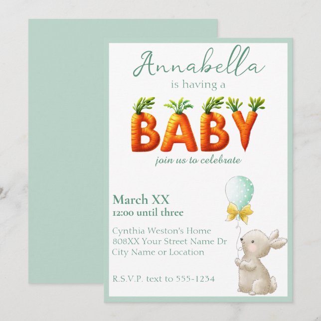 Invitación Conejo lindo con Baby Shower de globos y zanjas (Anverso / Reverso)
