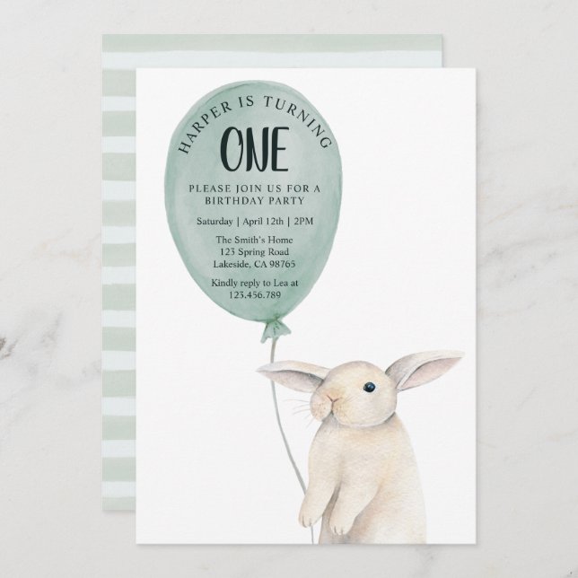 Invitación Conejo lindo con cumpleaños en globo (Anverso / Reverso)