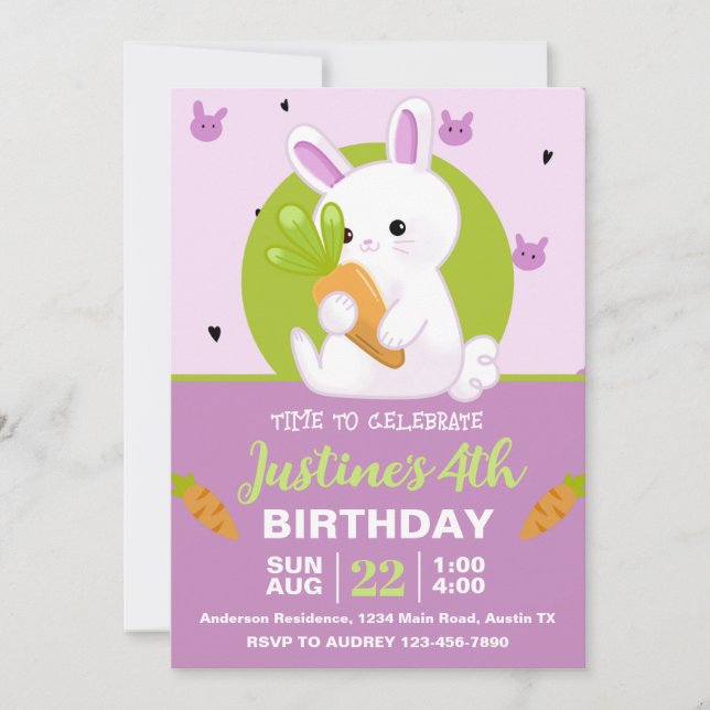 Invitación Conejo lindo con fiesta de cumpleaños de zanahoria (Anverso)