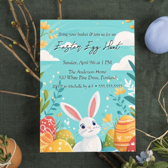 Invitación Conejo lindo con huevos y flores Huevo de Pascua C (Subido por el creador)