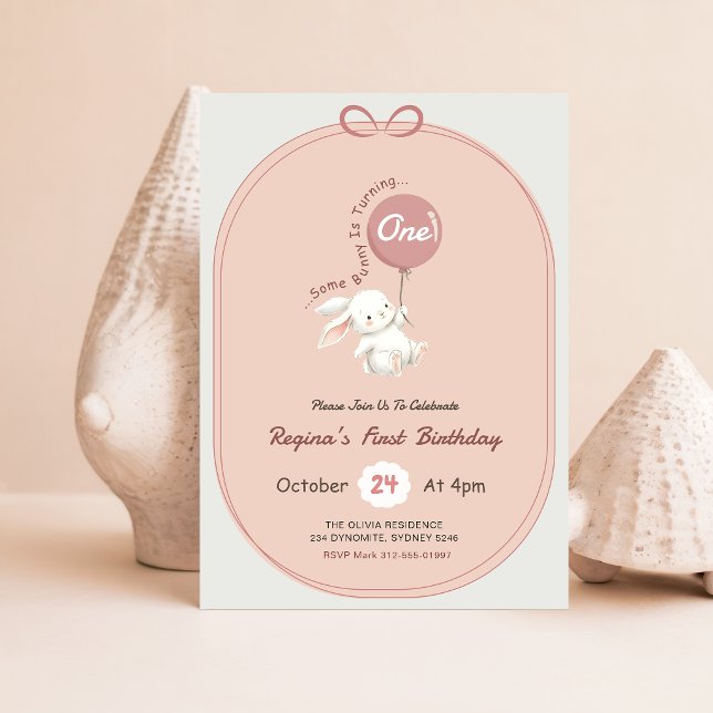 Invitación Conejo Lindo con Lazo Rosa Cumpleaños 1 Conejito A (Subido por el creador)