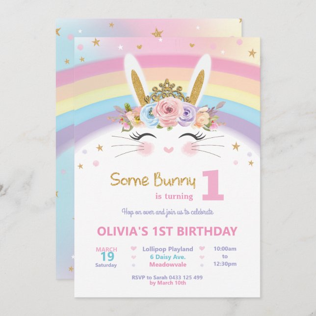 Invitación Conejo lindo conejo de cumpleaños 1 Chicas de arco (Anverso / Reverso)