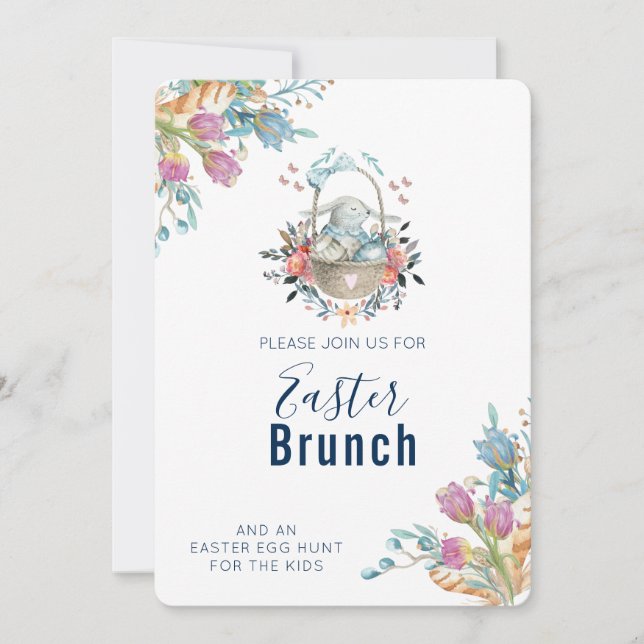 Invitación Conejo lindo en canasta y tulipán florals Brunch d (Anverso)