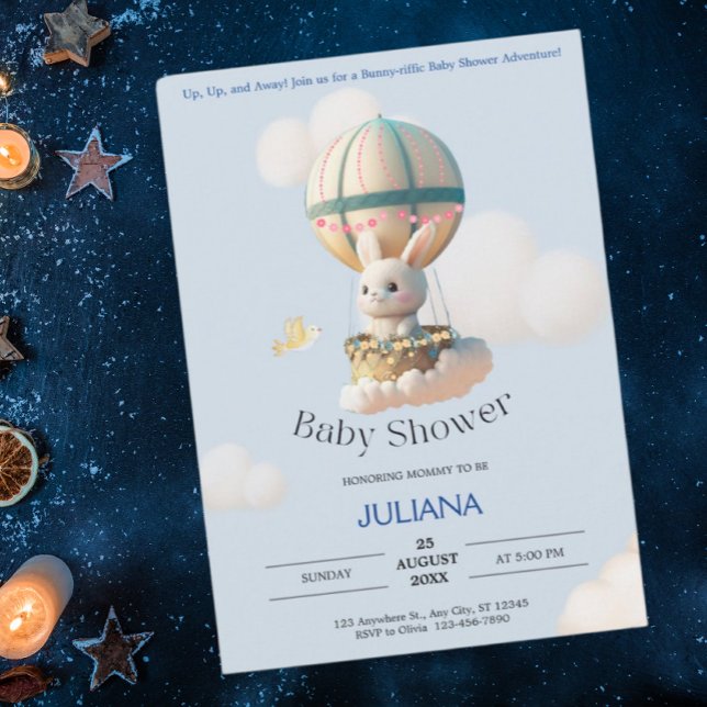 Invitación Conejo lindo en globo aerostático Baby Shower azul (Subido por el creador)