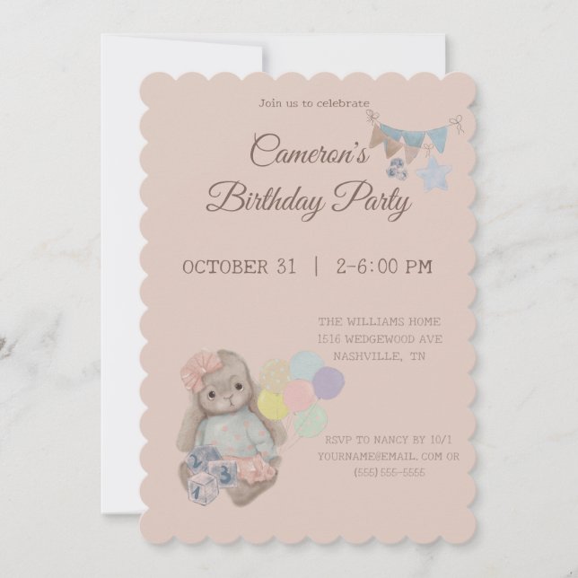 Invitación conejo lindo en un vestido con globos (Anverso)