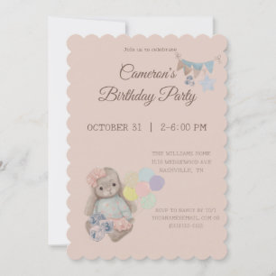 Invitación conejo lindo en un vestido con globos
