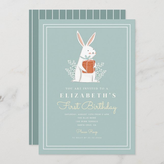 Invitación Conejo lindo primer cumpleaños primer cumpleaños p (Anverso / Reverso)
