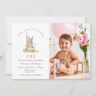 Invitación Conejo lindo rosa cumpleaños niña 1 año Foto