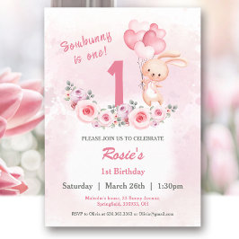 Invitación Conejo lindo Rosa Primer Chica de cumpleaños Flora