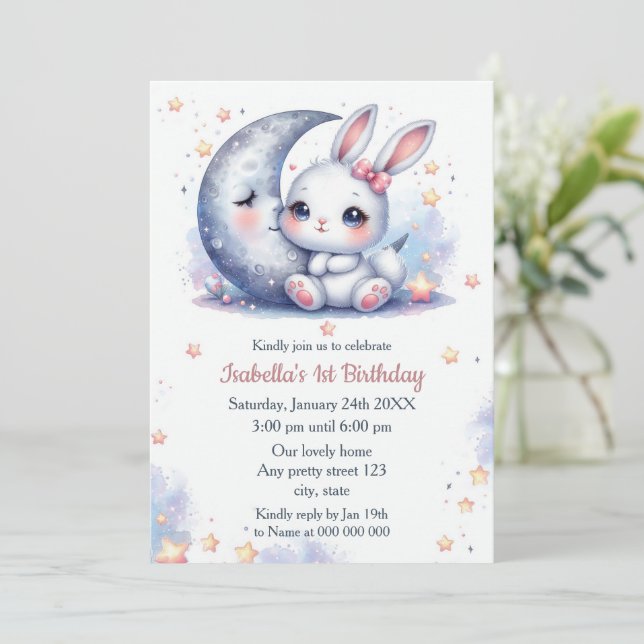 Invitación conejo lindo y cumpleaños de luna creciente (Anverso de pie)