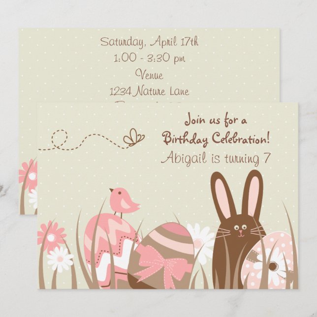 Invitación Conejo lindo y Huevos de Pascua Invitan a Chicas ~ (Anverso / Reverso)