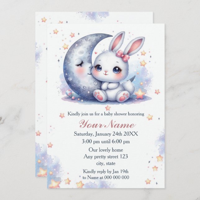 Invitación conejo lindo y la ducha de bebé de luna (Anverso / Reverso)