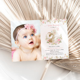 Invitación Conejo, Mariposa, Flores Rosadas, Primer Cumpleaño