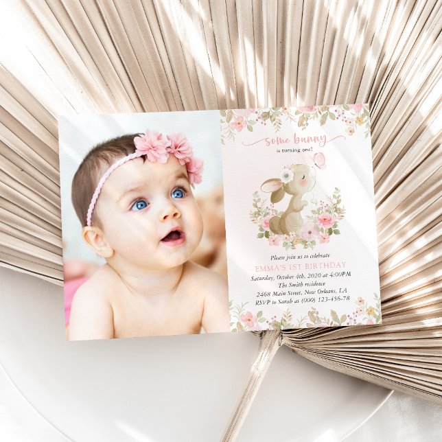 Invitación Conejo, Mariposa, Flores Rosadas, Primer Cumpleaño (Subido por el creador)