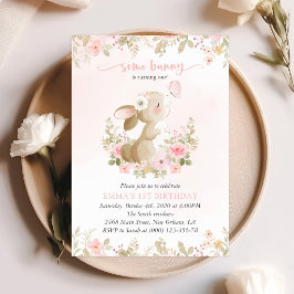 Invitación Conejo, Mariposa, Flores Rosadas, Primer Cumpleaño