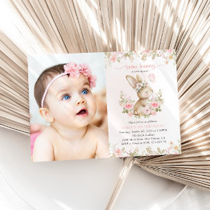 Invitación Conejo, Mariposa, Flores Rosadas, Primer Cumpleaño