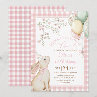 Invitación Conejo niña cumpleaños 1st lazo rosa Coquette