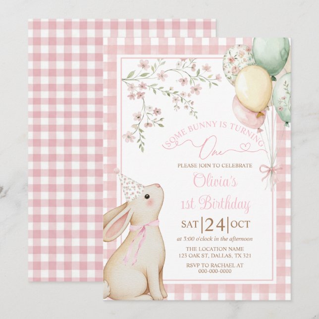 Invitación Conejo niña cumpleaños 1st lazo rosa Coquette (Anverso / Reverso)